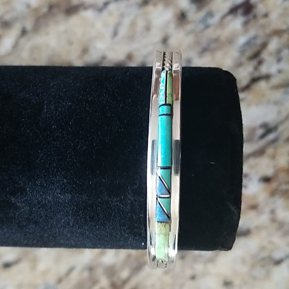 Navajo Multi Stone Inlay Sterling Silver Cuff Bracelet